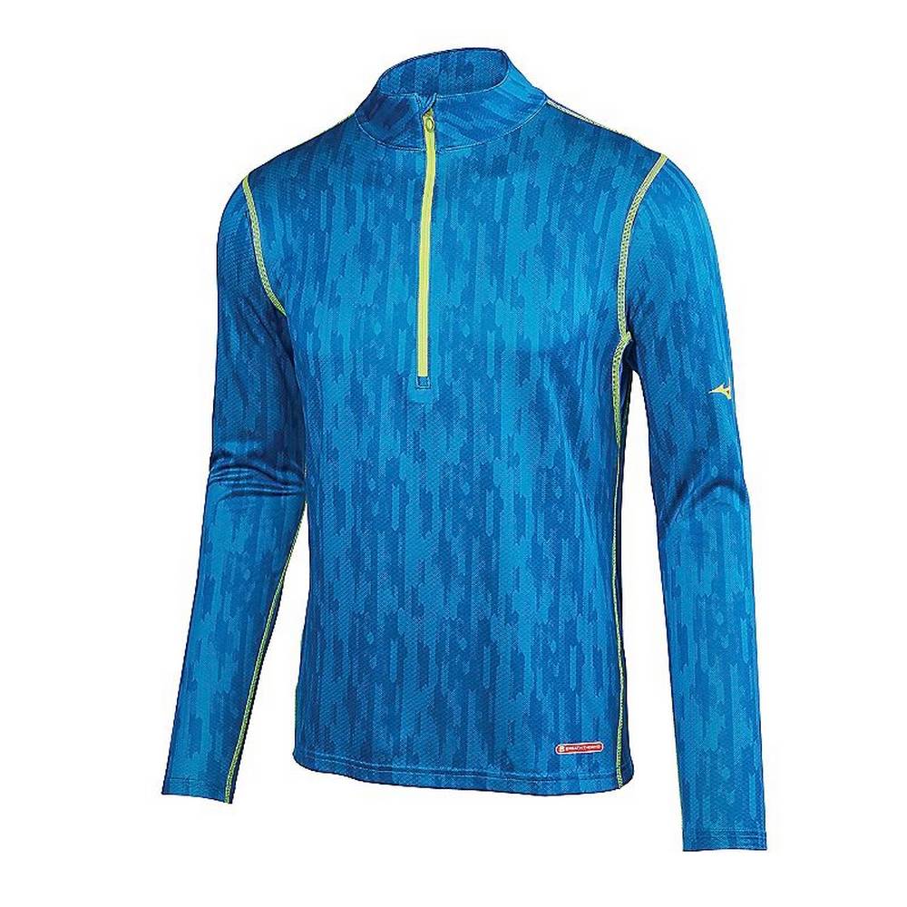 Mens Mizuno Breath Thermo Half Zip Base Layer Blue/Yellow Philippines (RPIZDW572)